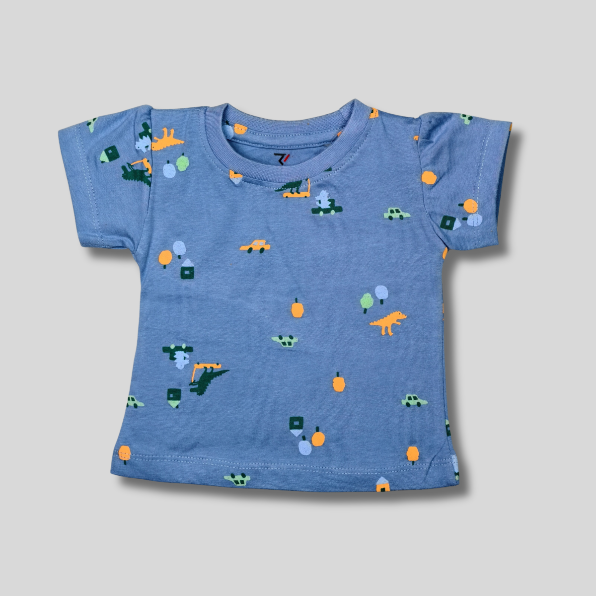 Blue Kids T-Shirt with Colorful Dinosaur and Car Prints
