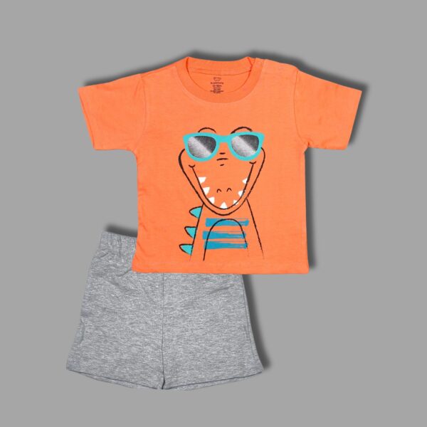 Kids' Orange Dinosaur T-Shirt and Grey Shorts Set