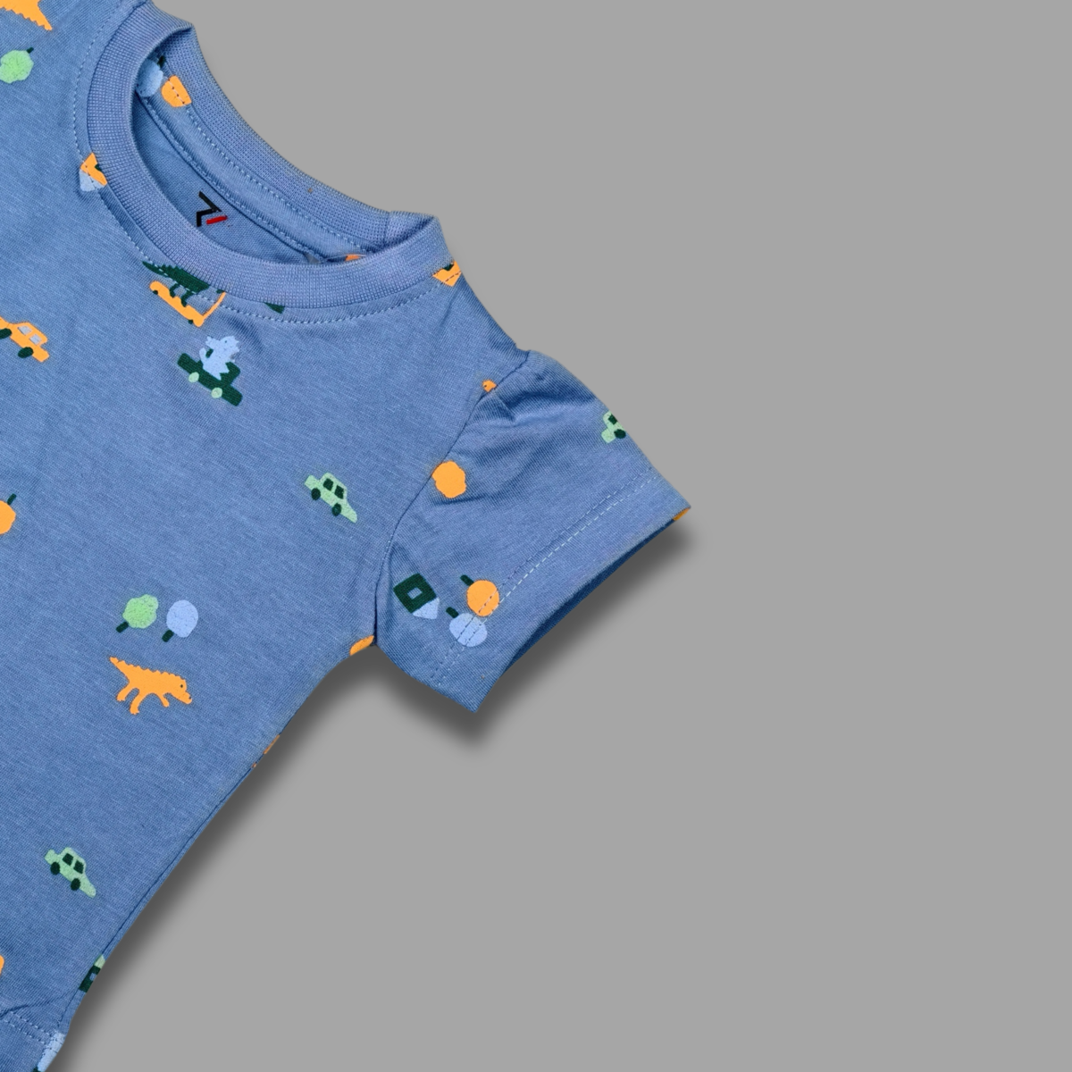 Blue Kids T-Shirt with Colorful Dinosaur and Car Prints - Image 2