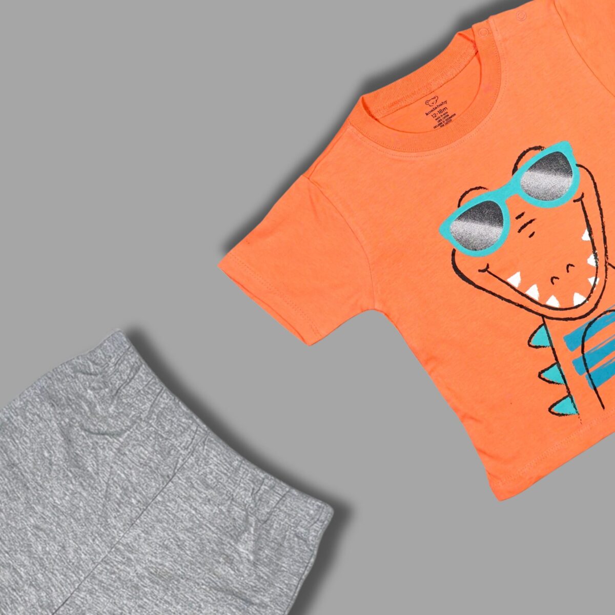 Kids' Orange Dinosaur T-Shirt and Grey Shorts Set - Image 2