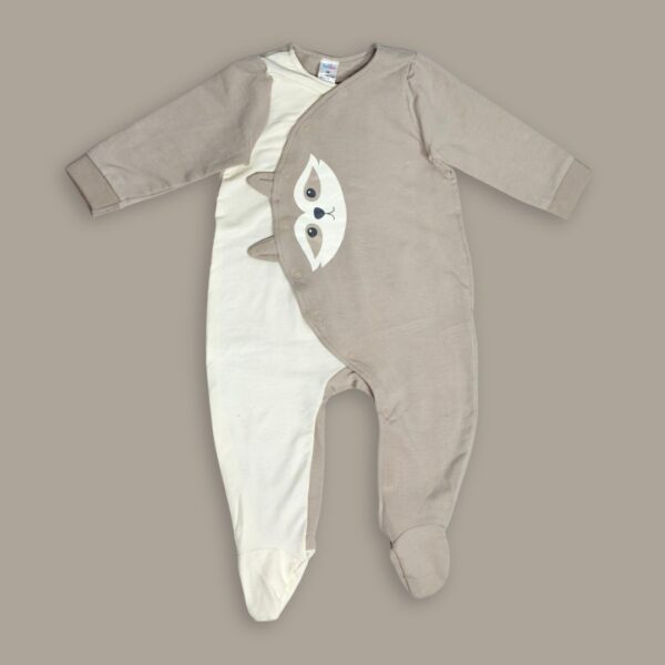 Cute Beige Raccoon-Themed Baby Sleepsuit – Soft Cotton Romper