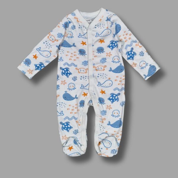 Ocean Adventure Full-Sleeve Footed Romper – White & Blue