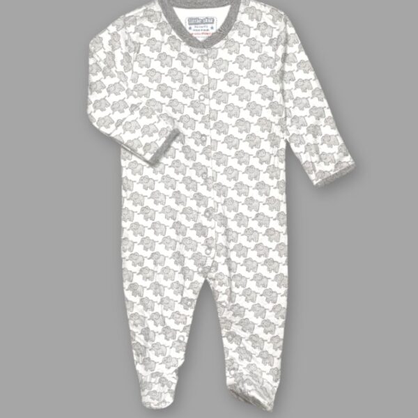 Soft Grey Elephant Print Baby Sleepsuit