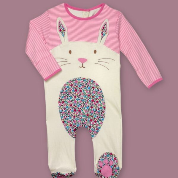 Floral Bunny Baby Sleepsuit – Pink & White
