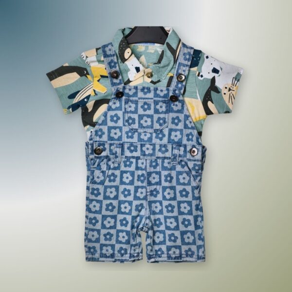 Trendy Printed Shirt & Floral Checkered Denim Dungaree Set for Kids