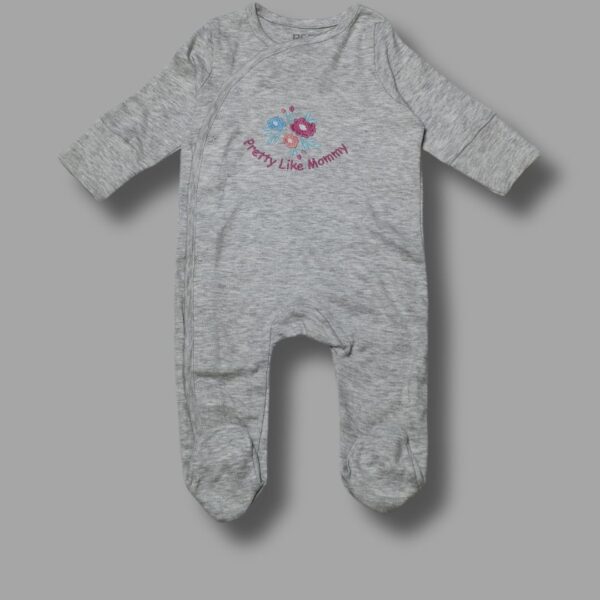 Baby Girls' Full Sleeve Footed Romper – "Pretty Like Mommy" Embroidered Sleepsuit