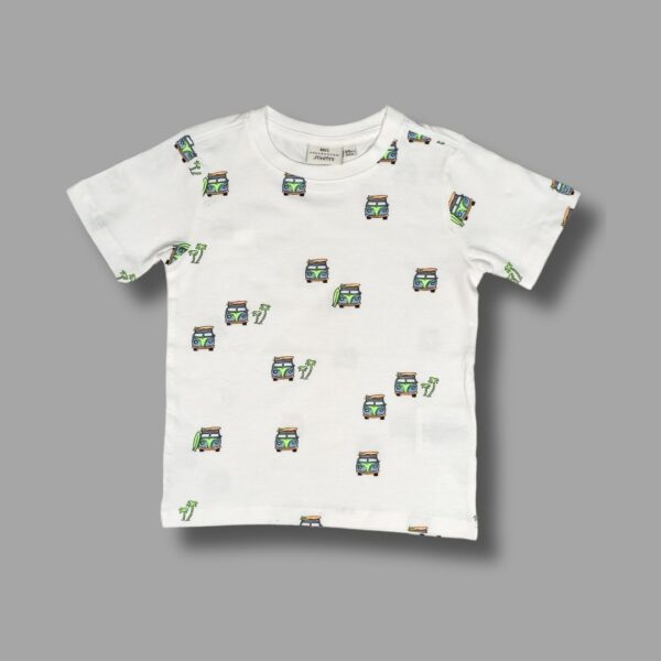 Kids' White T-Shirt with Colorful Van and Surfboard Print