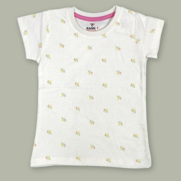 Girls' Soft Cotton Floral Print T-Shirt – White & Pink Accents