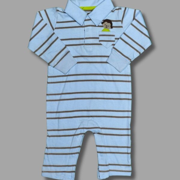 Striped Monkey Pocket Polo Baby Romper – Light Blue