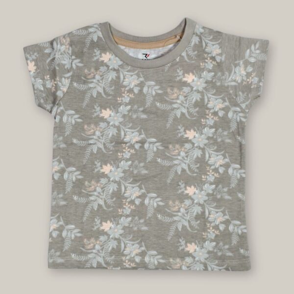 Girls' Olive Green Floral Print Cotton T-Shirt