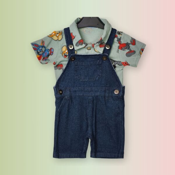 Cartoon-Print Shirt & Denim Dungaree Set for Kids
