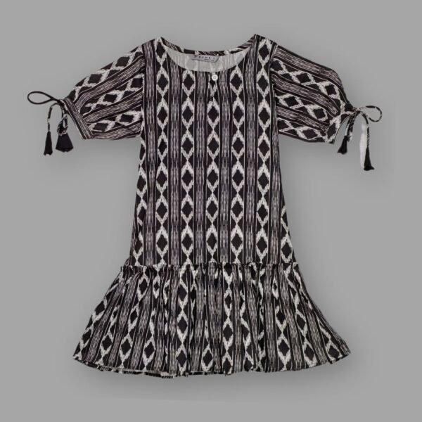 Elegant Black & White Ikat Print Rayon Dress for Girls