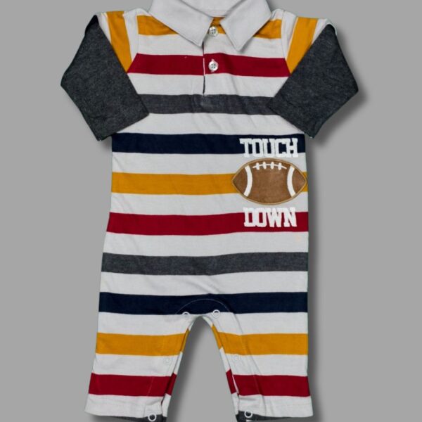 Striped Touchdown Baby Romper – Full Sleeves Polo Style