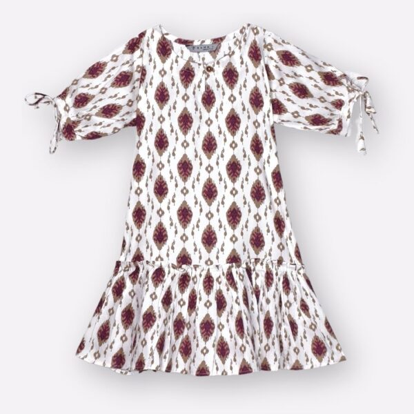 Elegant White Ikat Print Rayon Dress for Girls