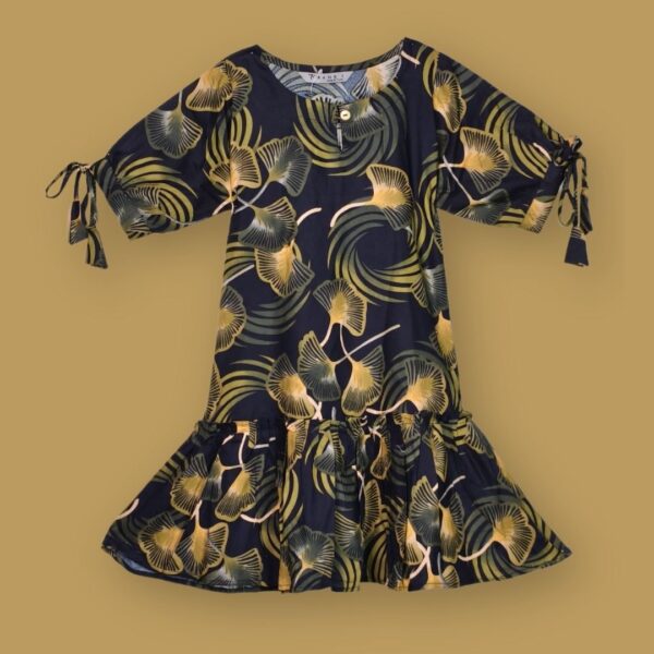 Elegant Tropical Print Dress with Ruffle Hem & Tie-Sleeves