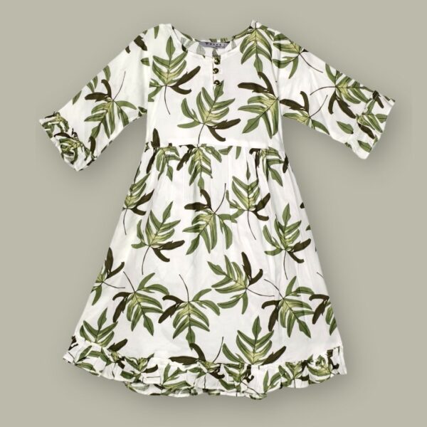 Elegant Green Leaf Print Ruffle Dress