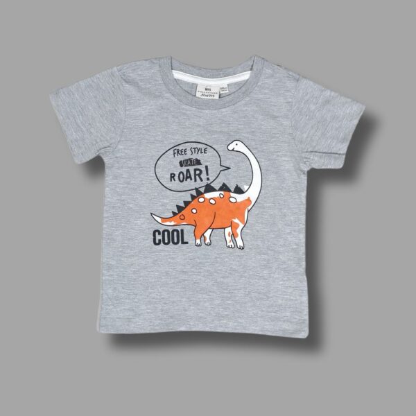 Kids' Fun Dino Skate T-Shirt – "Freestyle Roar!" (Grey)