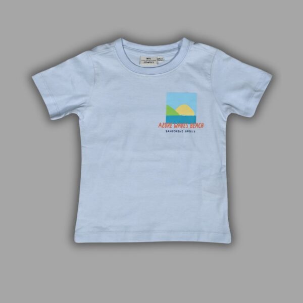 Kids' Minimalist Beach Print T-Shirt – "Azure Waves Beach" (Light Blue)