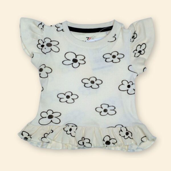 White Floral Girls' Top with Ruffled Sleeves & Hemline – Soft Ribbed Material