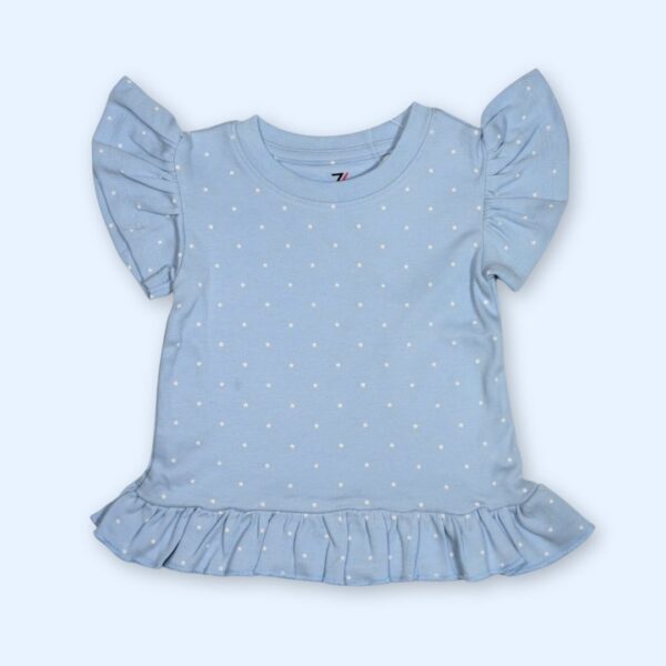 Girls' Light Blue Polka Dot Ruffle Top – Elegant & Fun