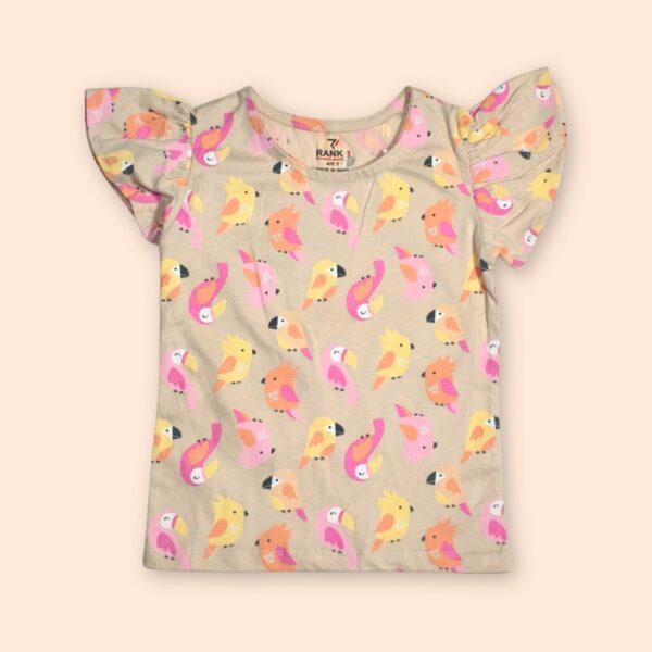 Beige Bird Print Ruffle Sleeve Kids' Shirt – Fun & Playful