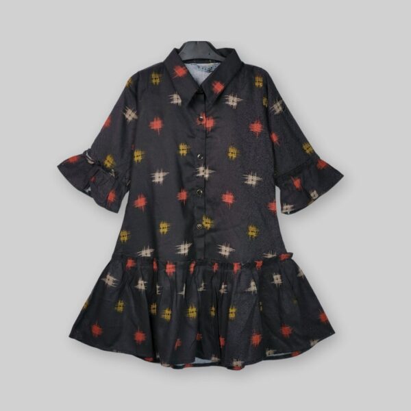 Black Button-Down Dress with Colorful Cross Pattern – Unique & Elegant