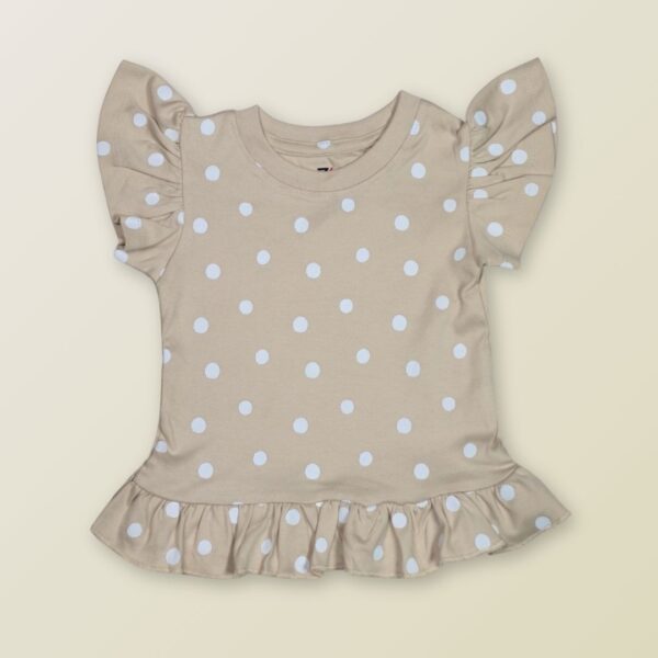 Girls' Beige Ruffle Shirt with White Polka Dots – Soft & Stylish