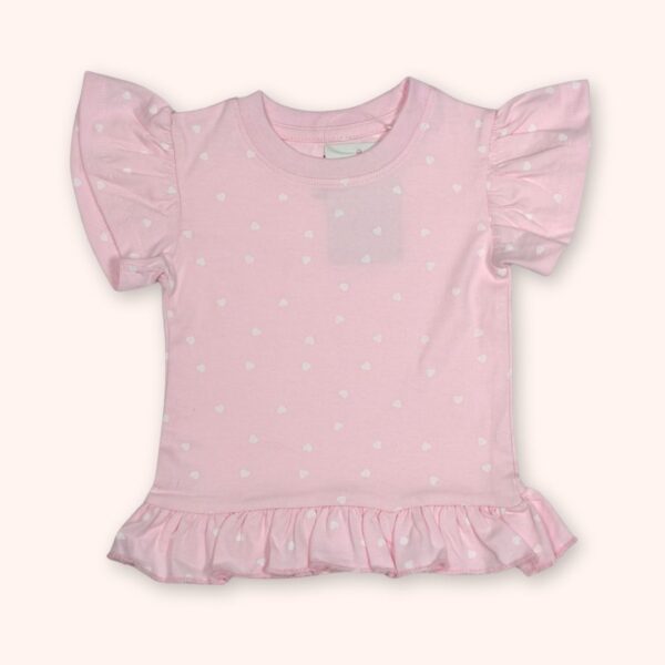 Girls' Pink Heart-Pattern Ruffled Shirt – Adorable & Comfortable