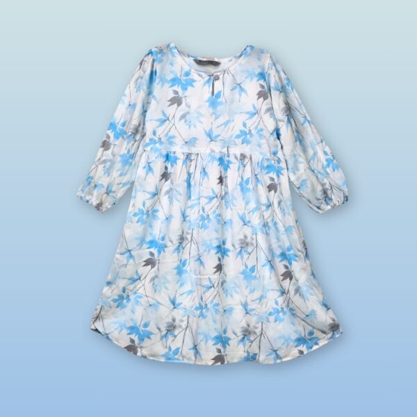 Blue Floral Long-Sleeved Dress – Classic & Elegant