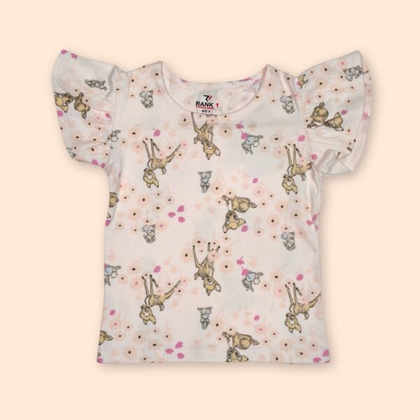Pink Cartoon Deer Ruffle Sleeve T-Shirt – Playful & Adorable