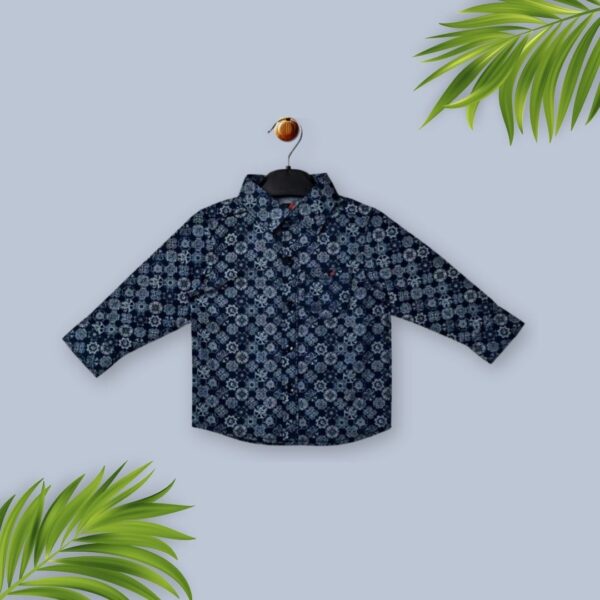 Dark Blue Geometric Pattern Button-Up Shirt – Bold & Elegant