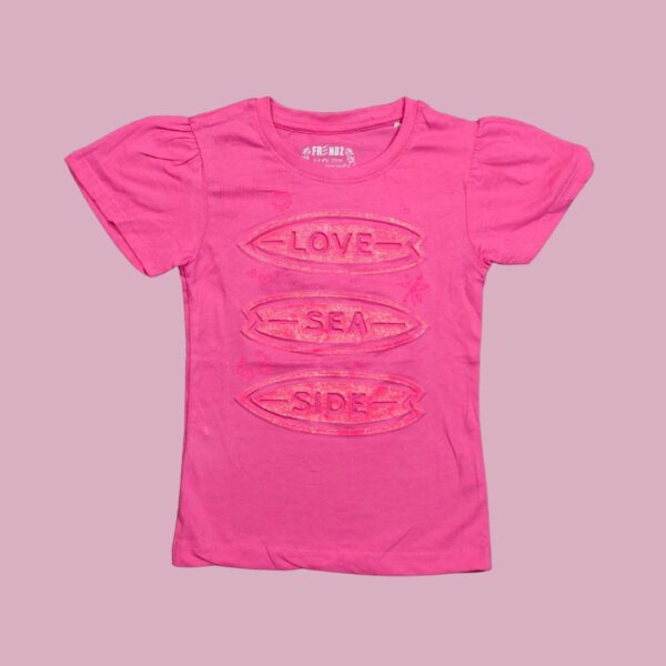 Pink “LOVE SEA SIDE” Surfboard Print T-Shirt for Girls
