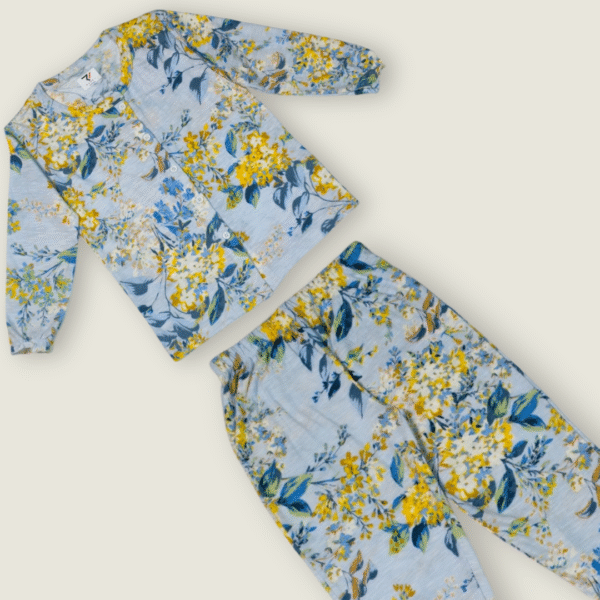 Light Blue Floral Blossom Full-Sleeve Night Suit for Kids