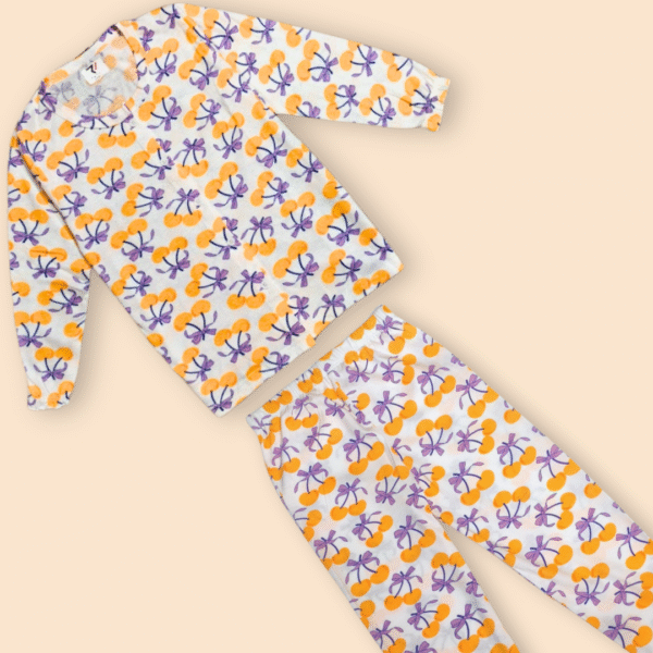 White Night Suit with Orange & Purple Bow Print for Kids