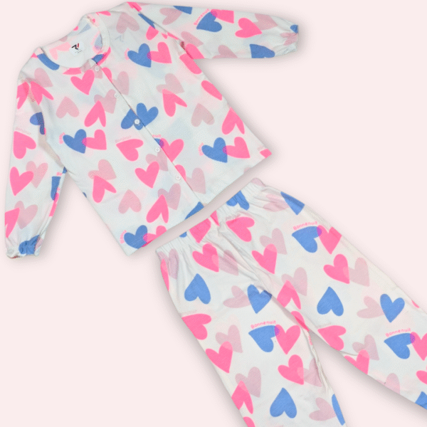 White Multicolor Heart Print Night Suit Set for Girls
