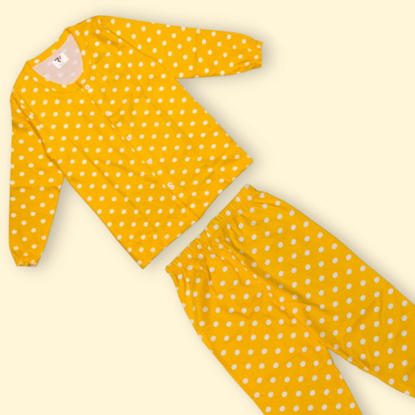 Yellow & White Polka Dot Full-Sleeve Night Suit for Kids