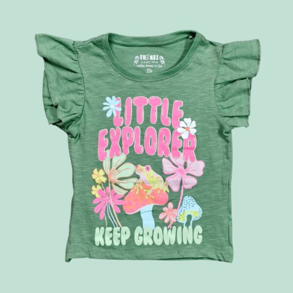Green “Little Explorer” Ruffle Sleeve T-Shirt for Girls