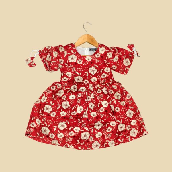 Rank1 Red & Cream Floral Printed Cotton Frock – Girls